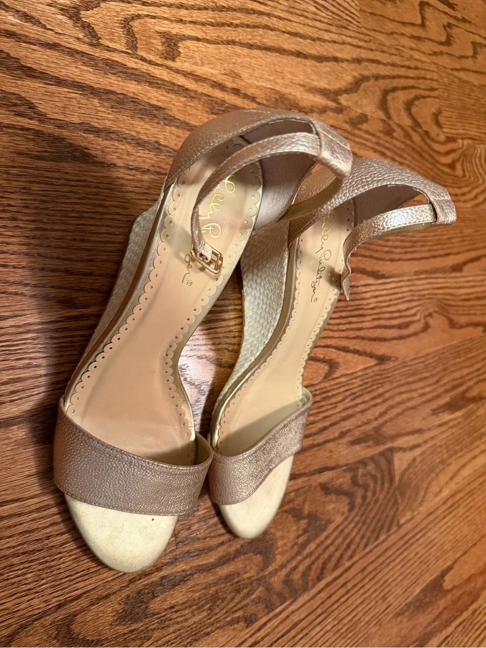 Lilly Pulitzer Metallic Gold Ankle-Strap Wedge Sandals, Sz 10
